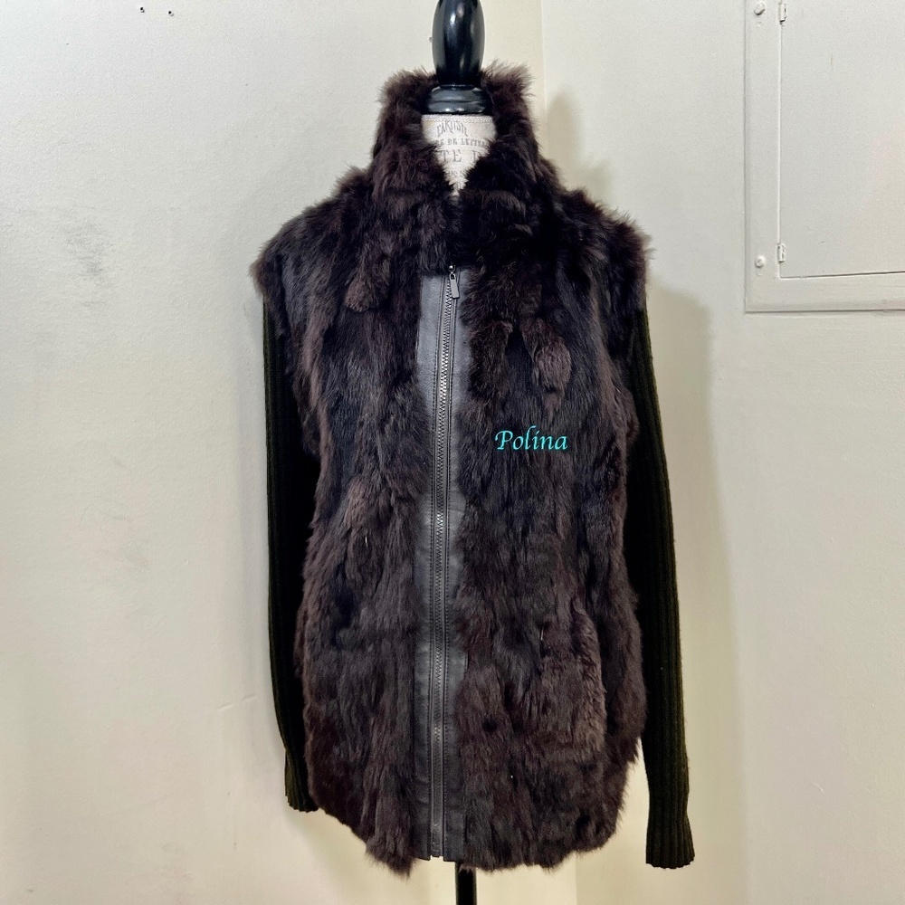 HYPO ACTIVE Brown Rabbit Fur Jacket with ribbon knitted back and long sleeve S2X